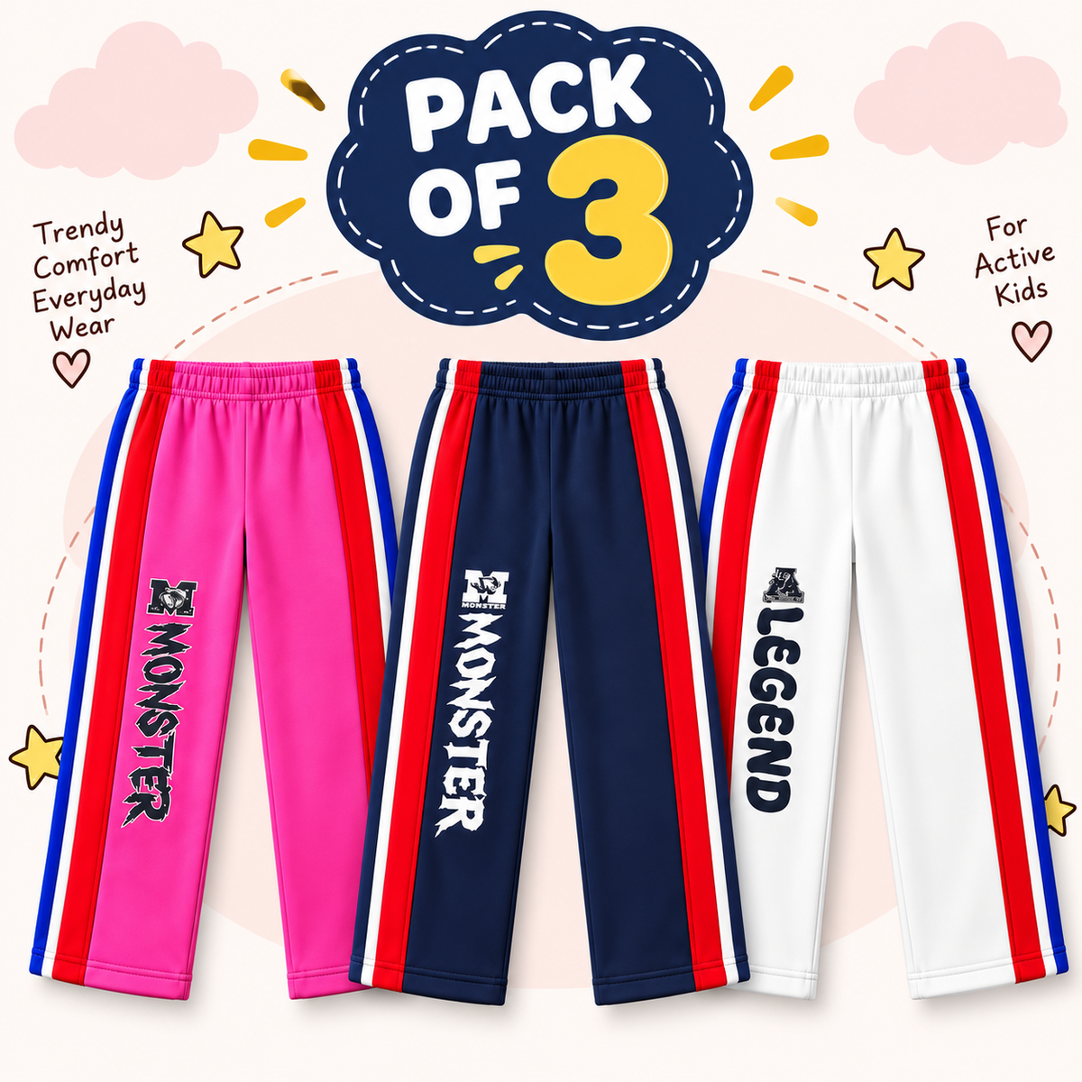 Pack of 3 Kids Fleece 2-Tape Trousers – Warm & Stylish Winter Pants