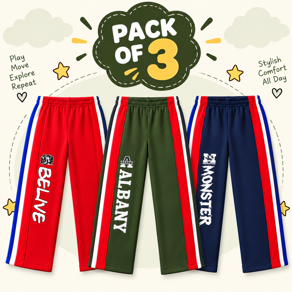 Pack of 3 Kids Fleece 2-Tape Trousers – Warm & Stylish Winter Pants - hover image
