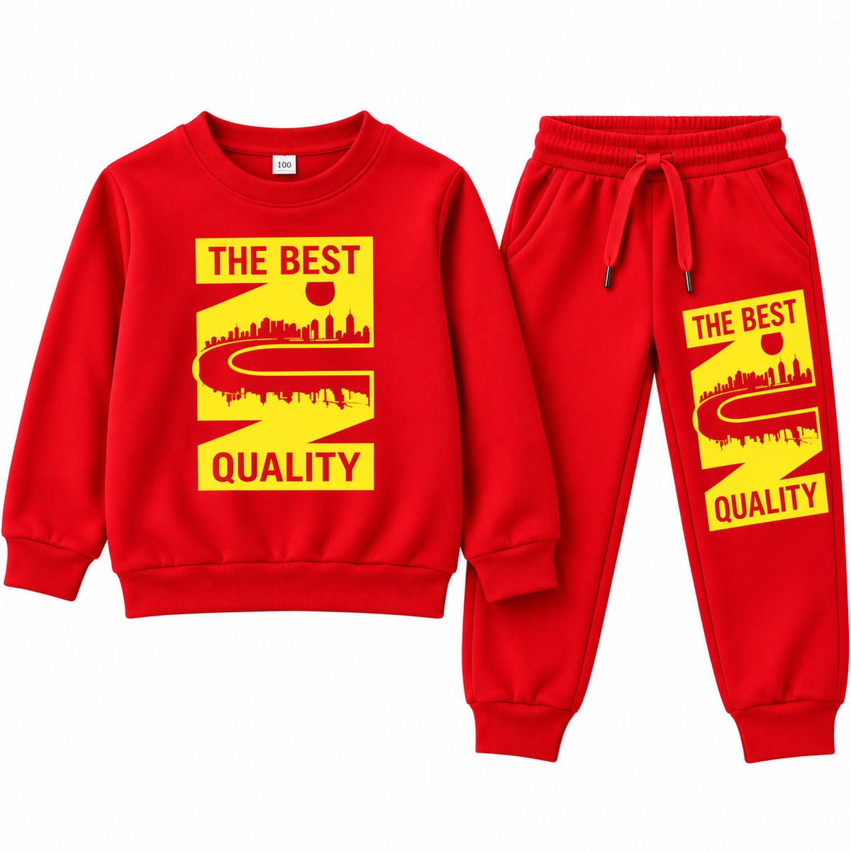 Kids Fleece Tracksuit  Warm Printed Winter Sweatshirt & Trouser Set Red