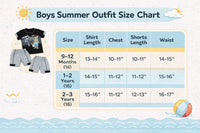 Boys summer outfit size chart showing shirt, shorts, and measurements for ages 9 months to 3 years.