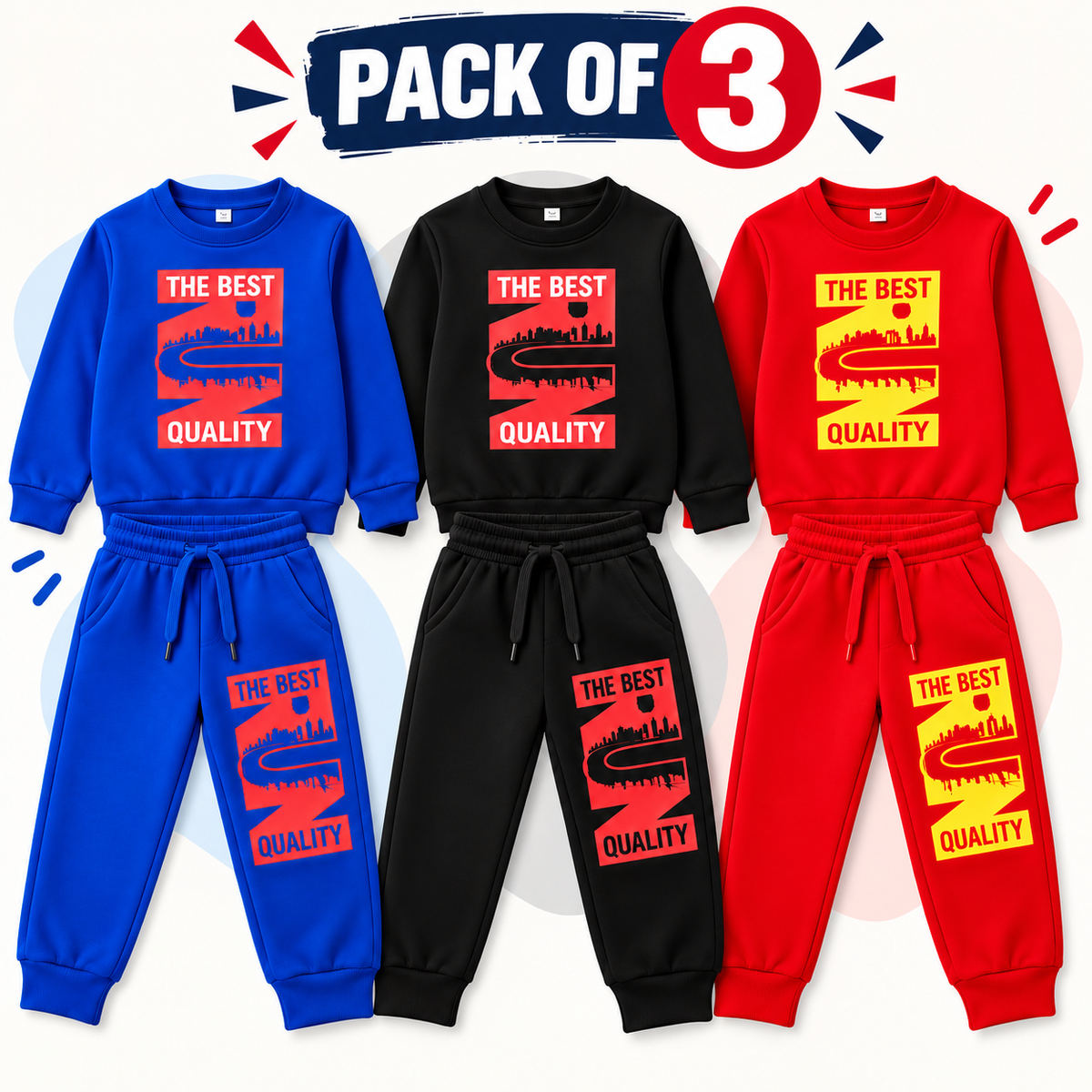 Kids Fleece Tracksuit Pack of 3 – Warm Printed Winter Sweatshirt & Trouser Set