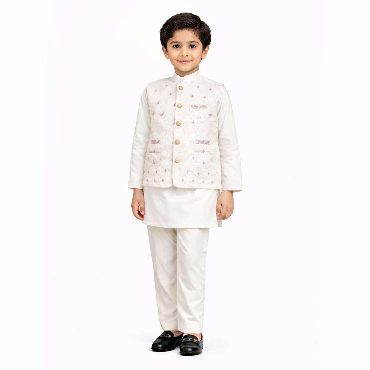 Boys Cream Kurta Pajama with Embroidered Waistcoat – Kids Formal Ethnic Suit