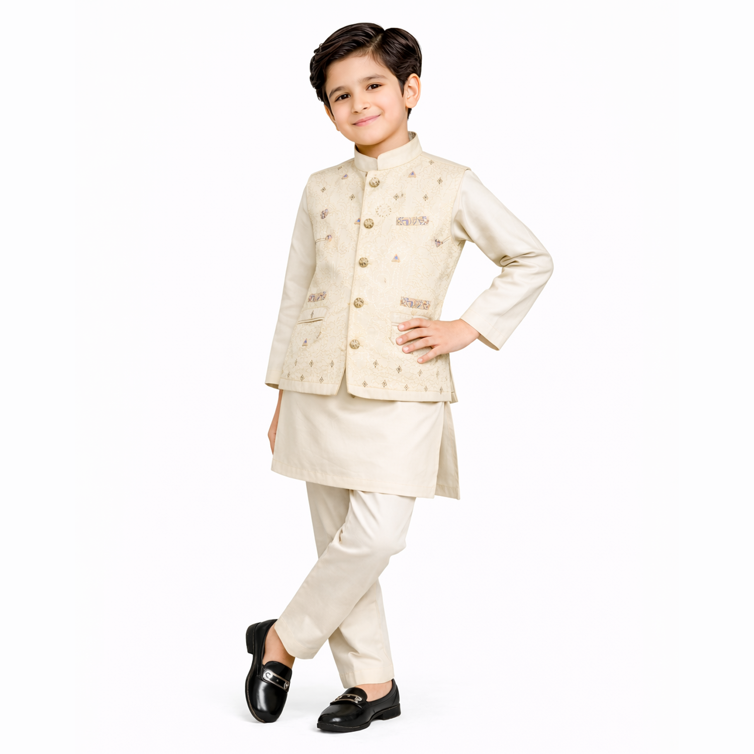 Boys Cream Kurta Pajama with Embroidered Waistcoat – Kids Formal Ethnic Suit