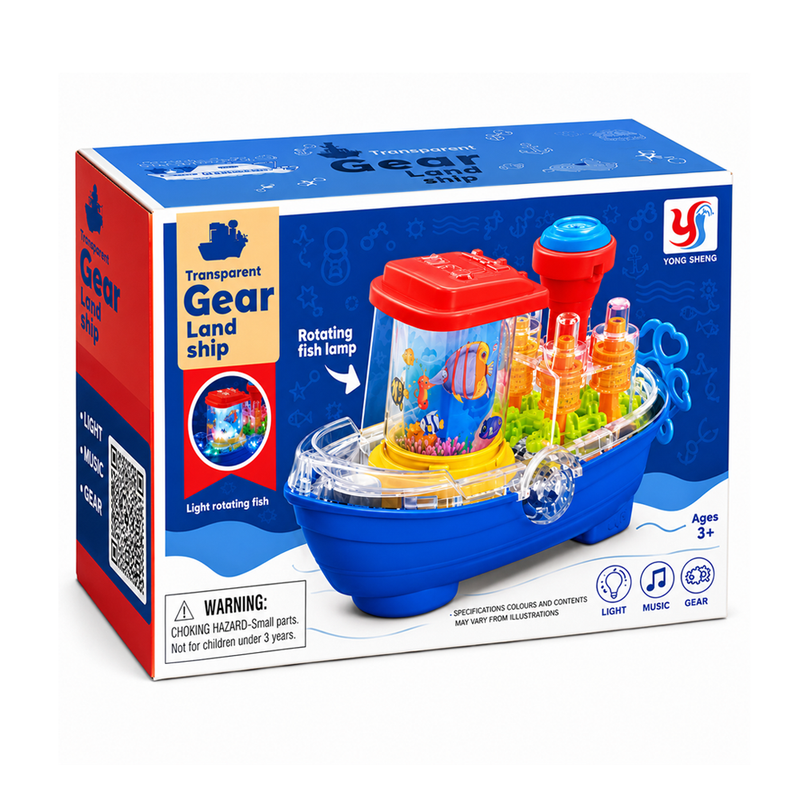 Transparent Gear Land Ship Toy – Musical Light-Up Boat with Rotating Fish