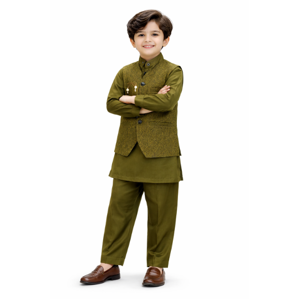 Kids Kurta Shalwar Kamez With Waistcoat Printed Texture Design
