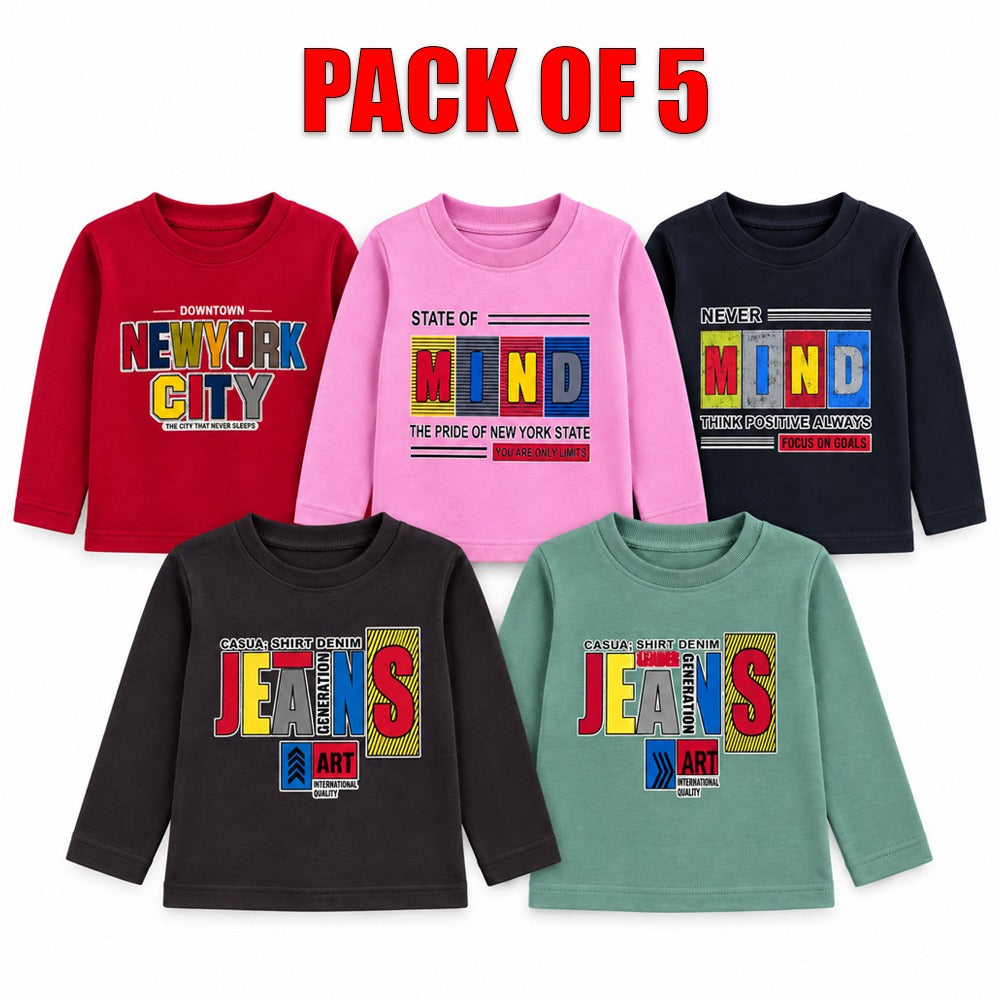 Pack of 5 Kids Full Sleeve T-Shirts – Printed Cotton Sweatshirts