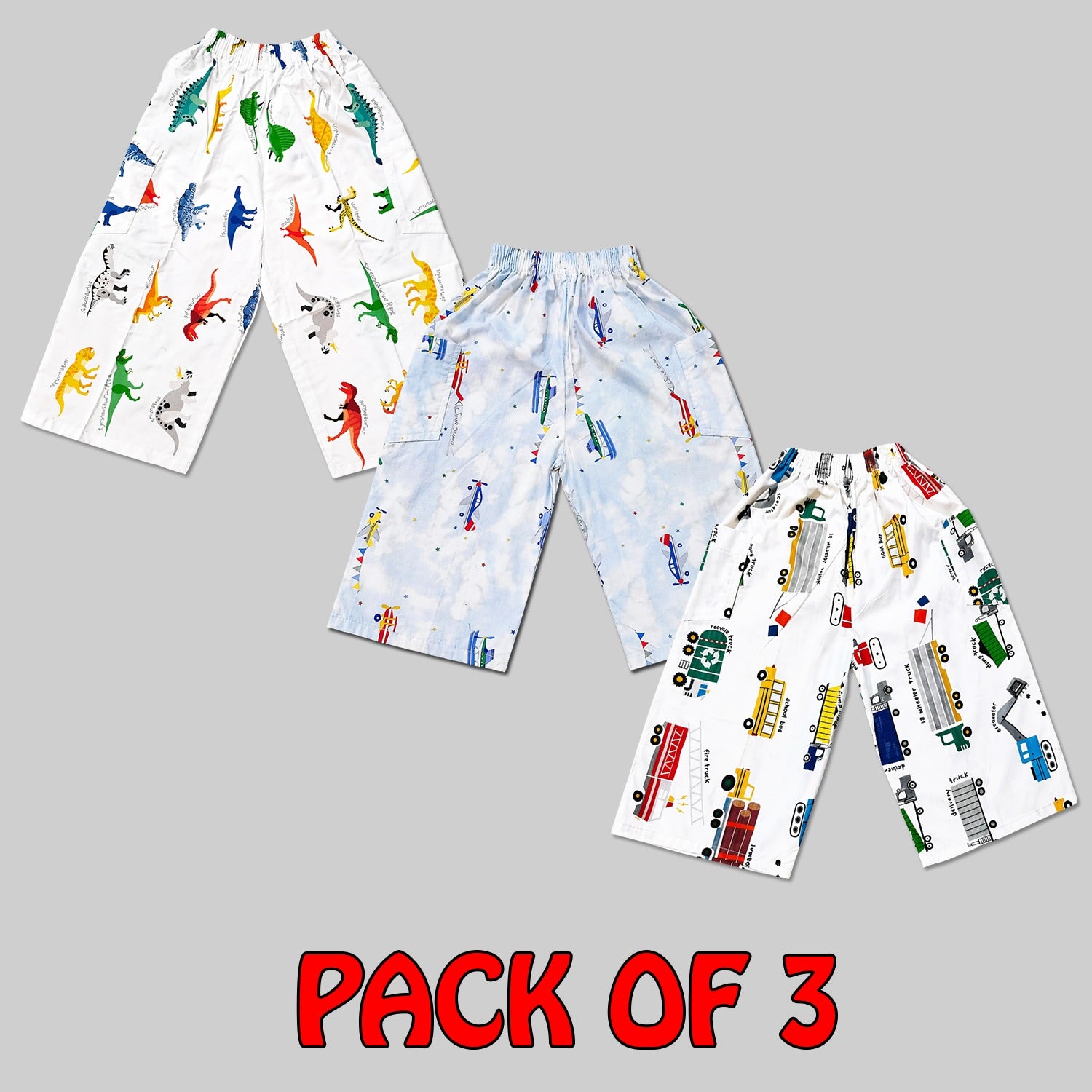 Pack of 3 Kids Printed Cotton Nicker Shorts – Airplane, Truck & Dinosaur Designs