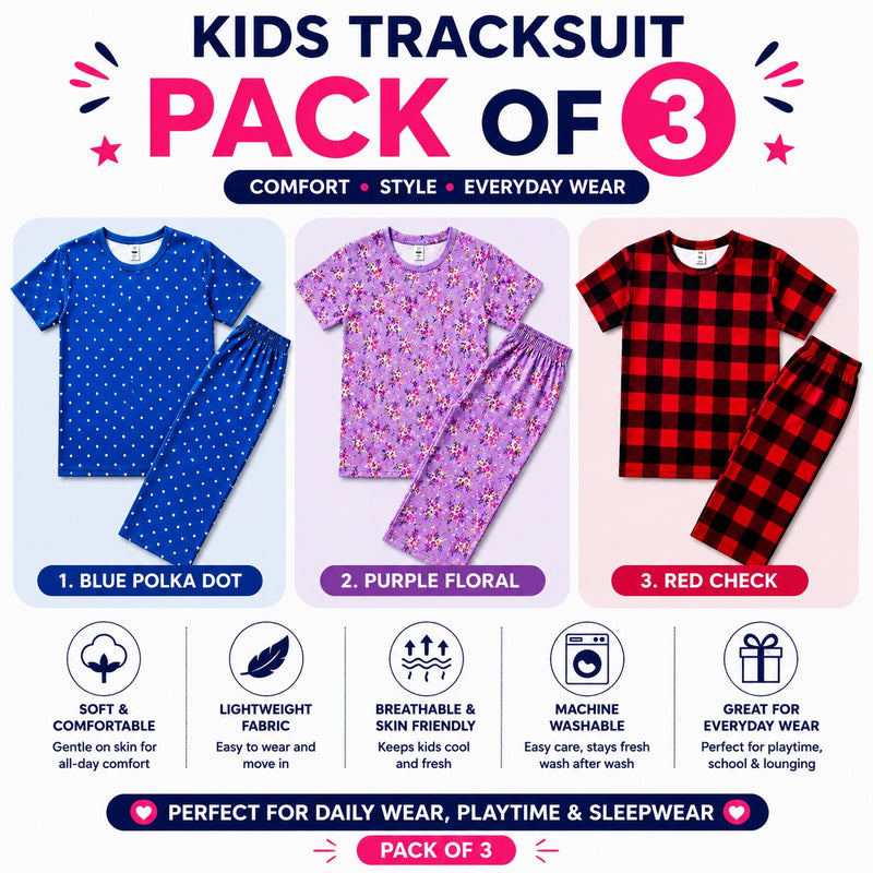 Girls Summer Tracksuit Pack of 3 | Soft Cotton Printed T-Shirt & Trouser Set for Kids