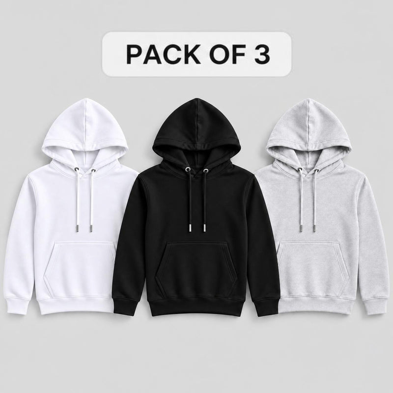 Pack of 3 Kids Kangaroo Pocket Hooded Sweatshirt  – Grey, Black & White