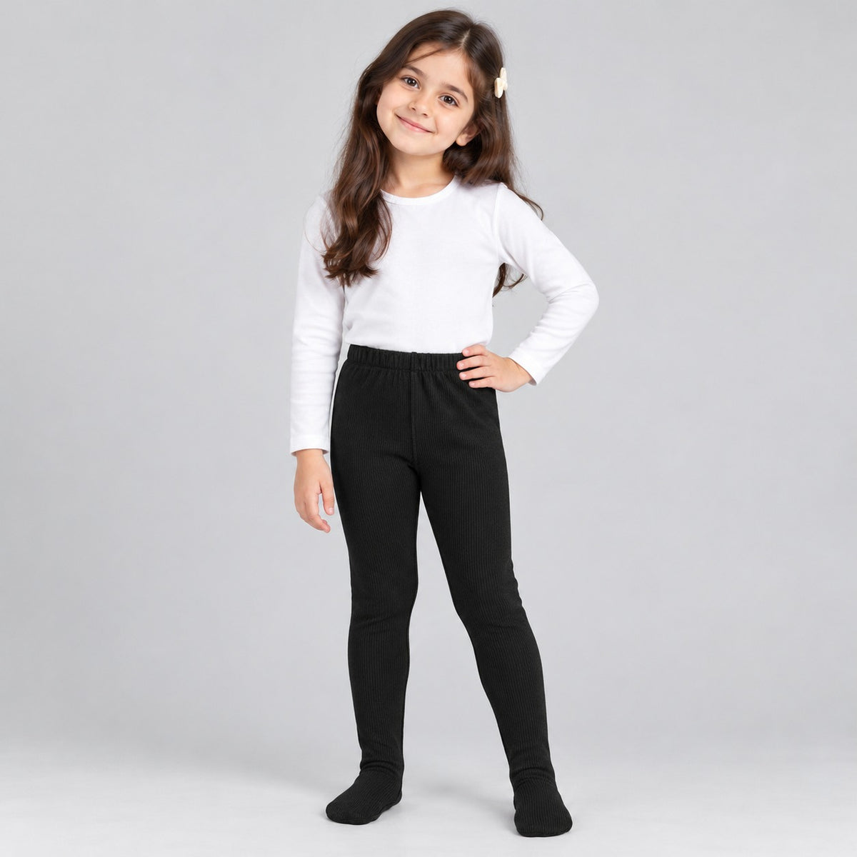 Pack of 3 Girls Ribbed Leggings  – White, Beige & Black - hover image