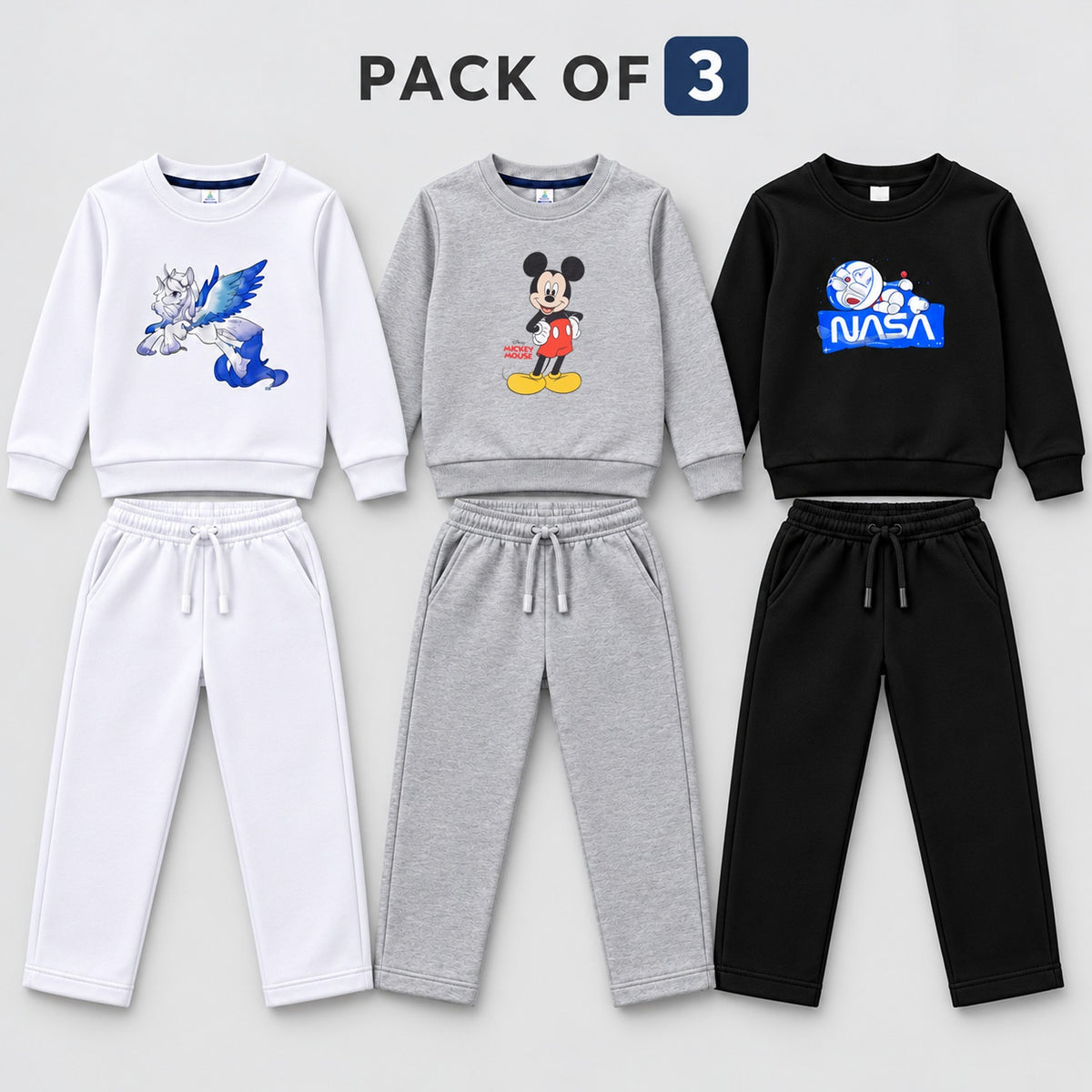 Pack of 3 Kids Winter Tracksuits – Printed Fleece Sweatshirts & Trousers