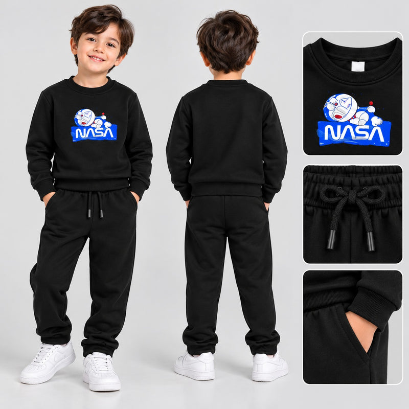 Kids Winter Tracksuits – Printed Fleece Sweatshirts & Trousers Black