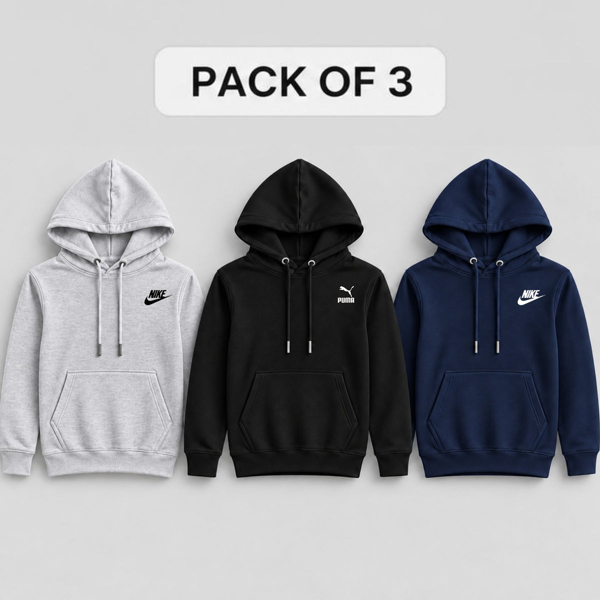 Pack of 3 Kids Kangaroo Pocket Hooded Sweatshirt  – White, Black & Navy Blue