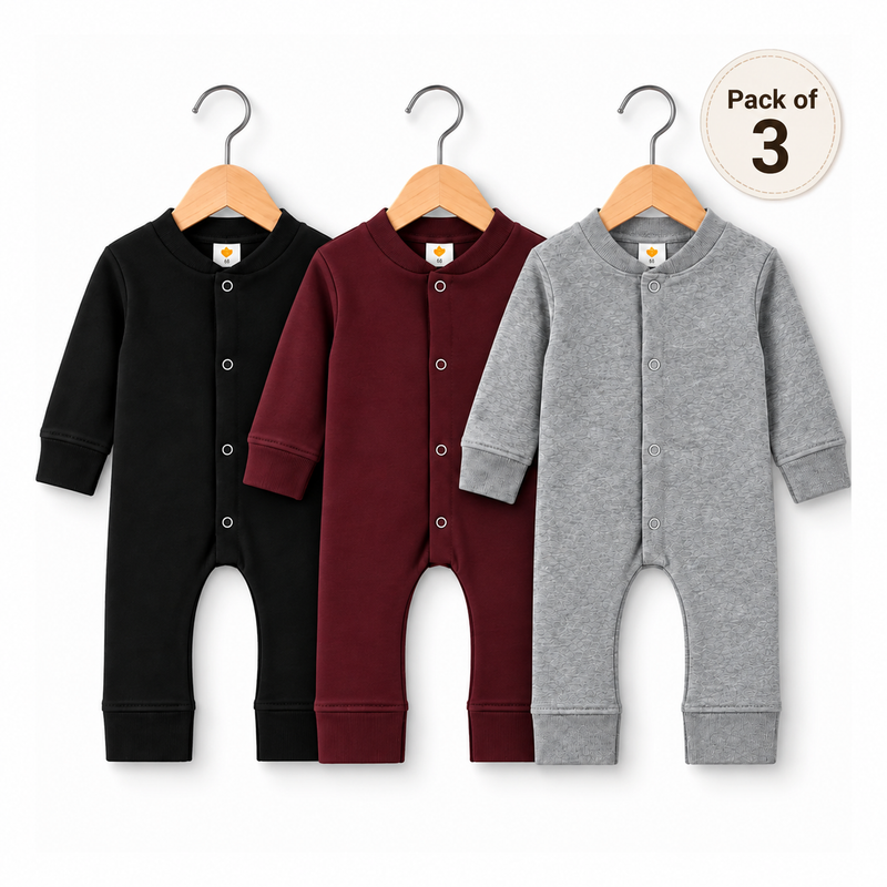 Baby Boys Winter Rompers Pack of 3 Full Sleeve Fleece Rompers