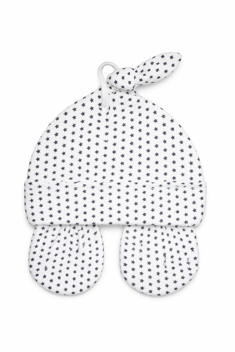 White baby hat and mittens set with black star print, soft cotton newborn accessories