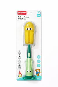 Little Minors 360° rotatable baby bottle brush with soft sponge cleaner, showing the brush and sponge for thorough cleaning.