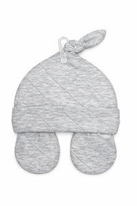 Quilted light grey baby hat and mittens set, soft cotton, newborn clothing accessory