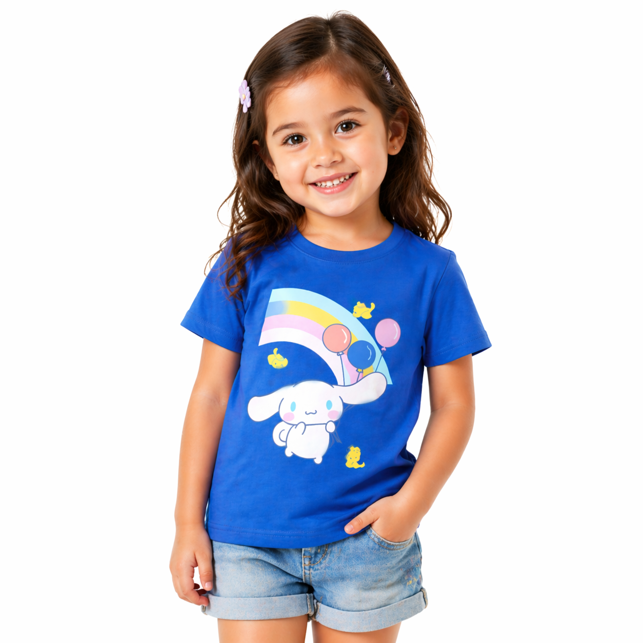 Girls' blue rainbow bunny cartoon T-shirt by Little Minors, featuring a cute bunny design for ages 1 to 14 years.