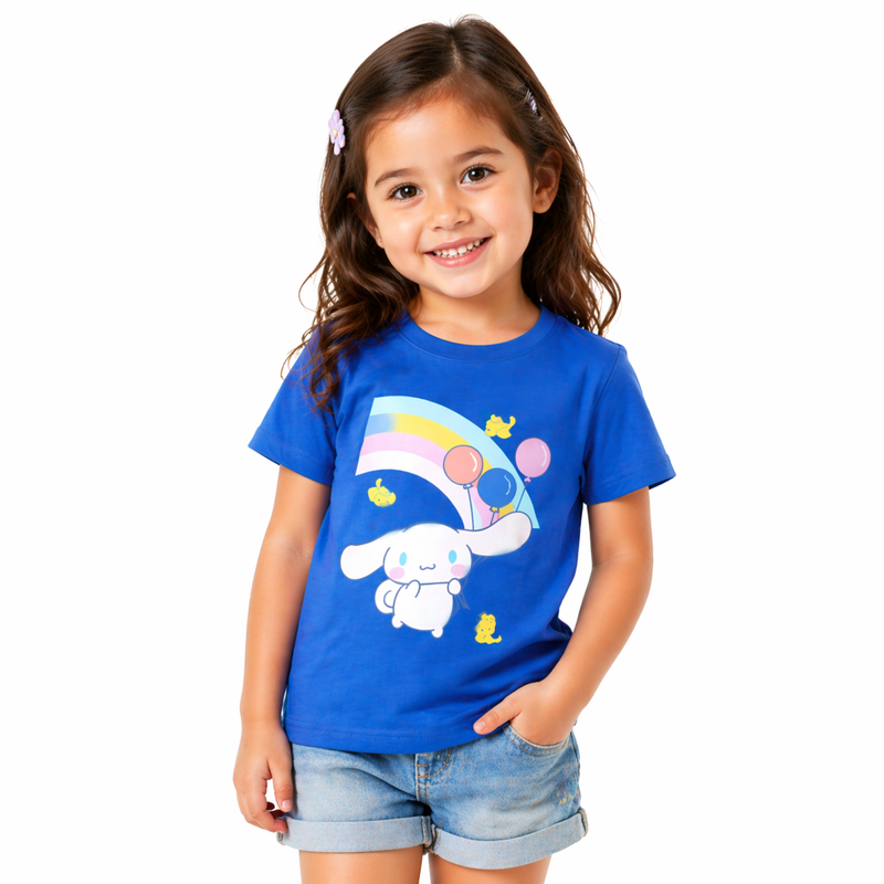 Girls' blue rainbow bunny cartoon T-shirt by Little Minors, featuring a cute bunny design for ages 1 to 14 years.