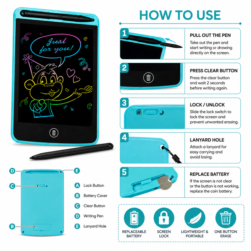 6.5 Inch LCD Writing Tablet for Kids – Reusable Drawing & Writing Pad