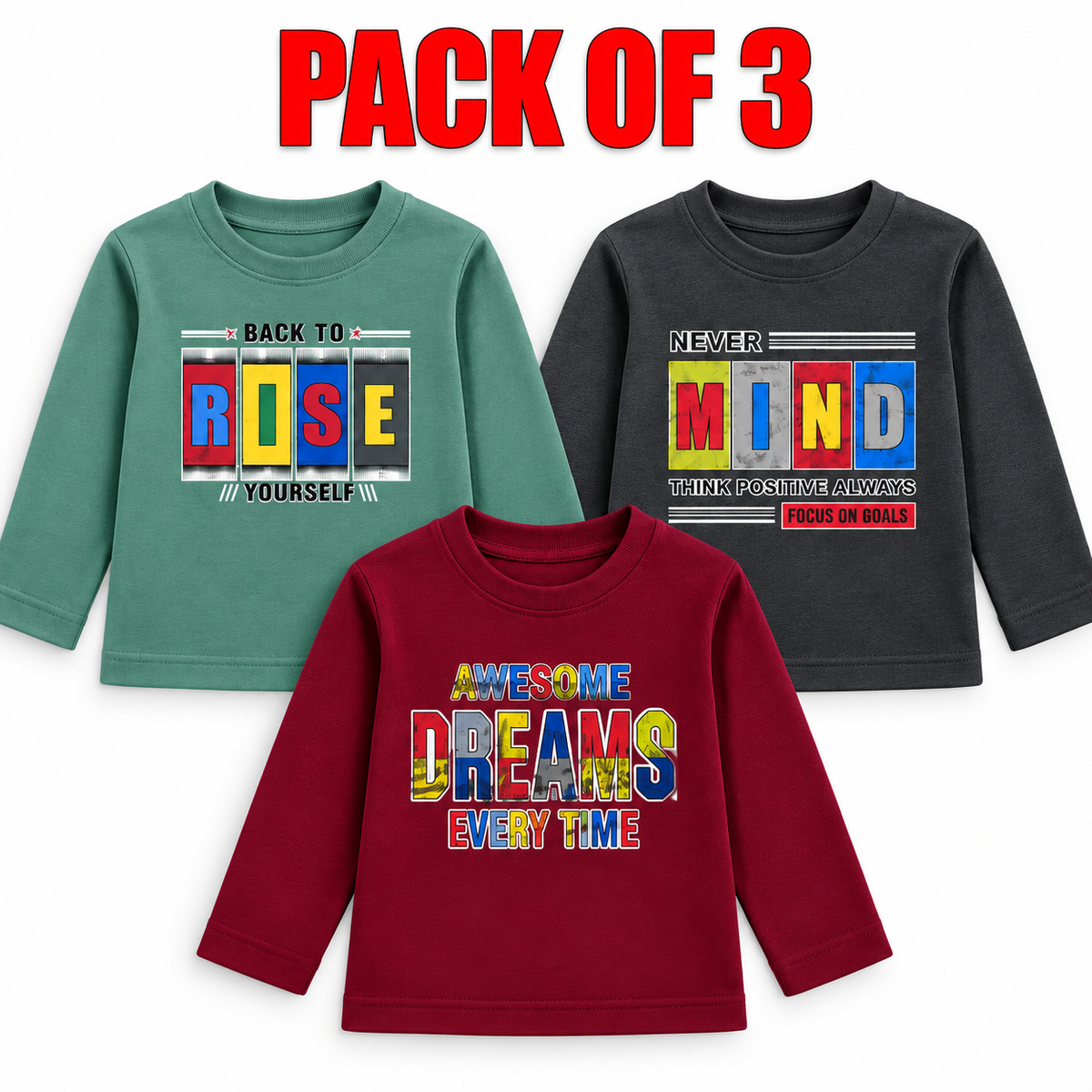 Pack of 3 Kids fleece  Full Sleeve T-Shirts – Printed Cotton Sweatshirts - hover image