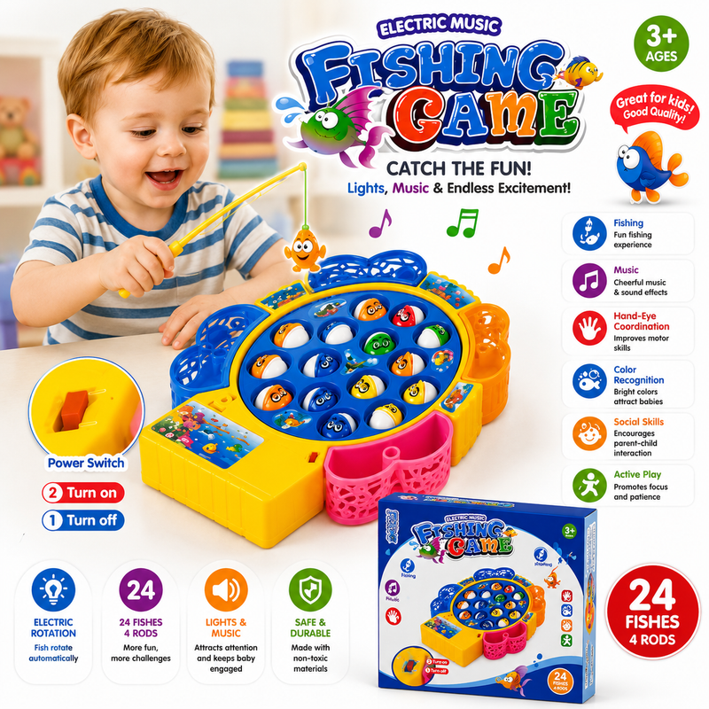 Electric Fishing Game for Kids – 24 Fish with 4 Fishing Rods