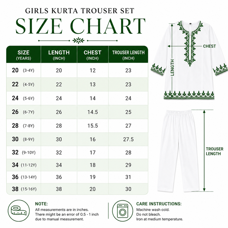 Girls White Embroidered Cotton Kurta Trouser Set – 2 Piece Pakistani Eastern Dress for Kids