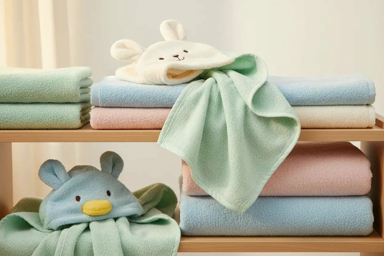 Soft baby towels in pastel colors with cute animal hooded designs on wooden shelves