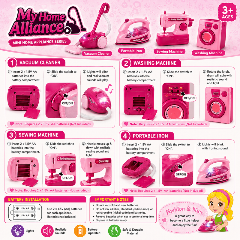 My Home Alliance Pretend Play Set – Kids Sewing Machine, Washing Machine, Iron & Vacuum