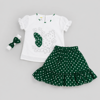 Girls White Butterfly Top & Green Polka Dot Skirt Set with Matching Headband 3Pcs