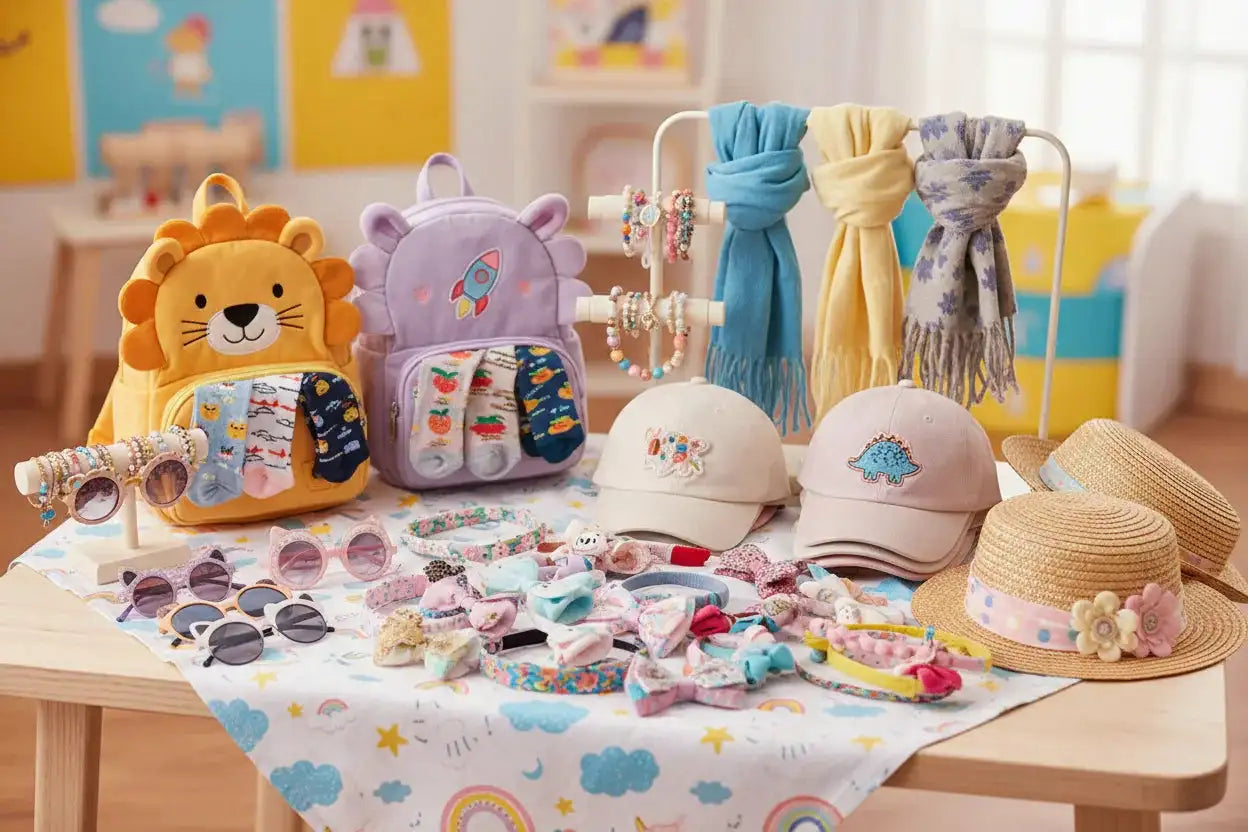 Kids' clothing accessories including animal backpacks, socks, hats, scarves, headbands, sunglasses, and jewelry arranged on a table.