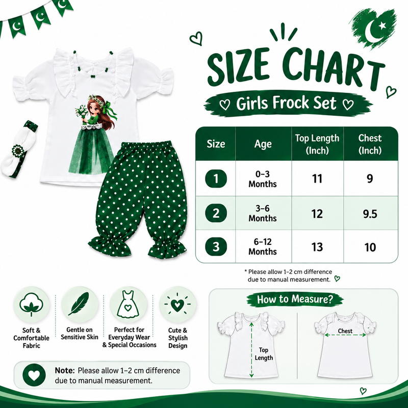 Girls Green Polka Dot Independence Day Outfit – White Ruffle Top & Pants Set with Matching Hairband