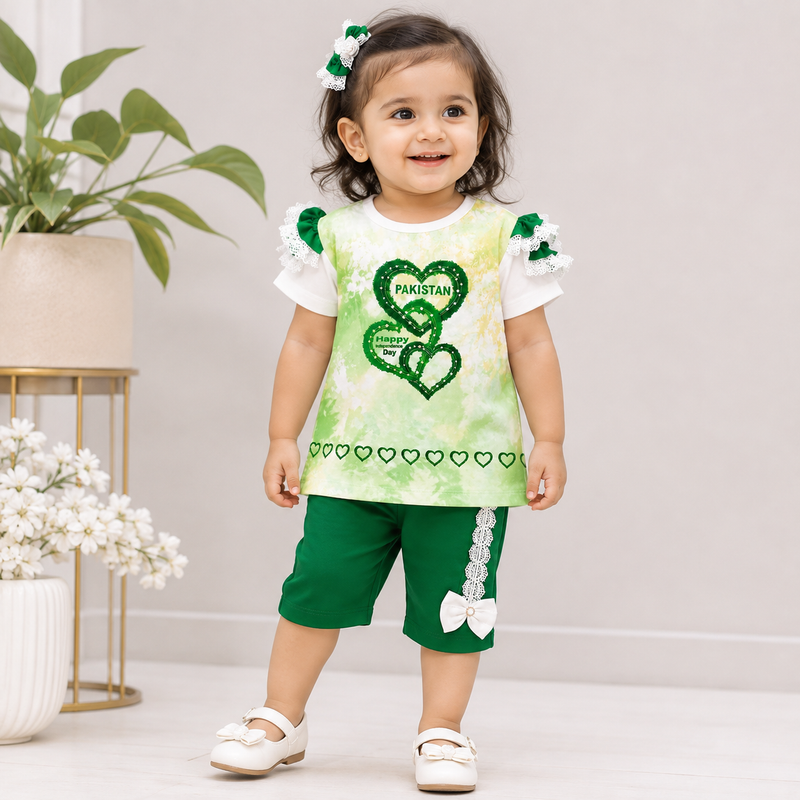 Pakistan Independence Day Girls 2 Piece Suit with Matching Headband