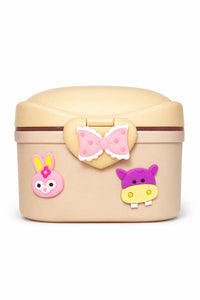 Beige kids' storage box with cute animal stickers and a pink bow, perfect for nursery organization.