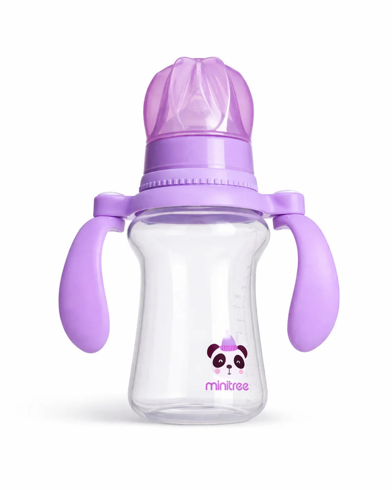 Purple baby sippy cup with dual handles and panda design, leak-proof toddler training bottle