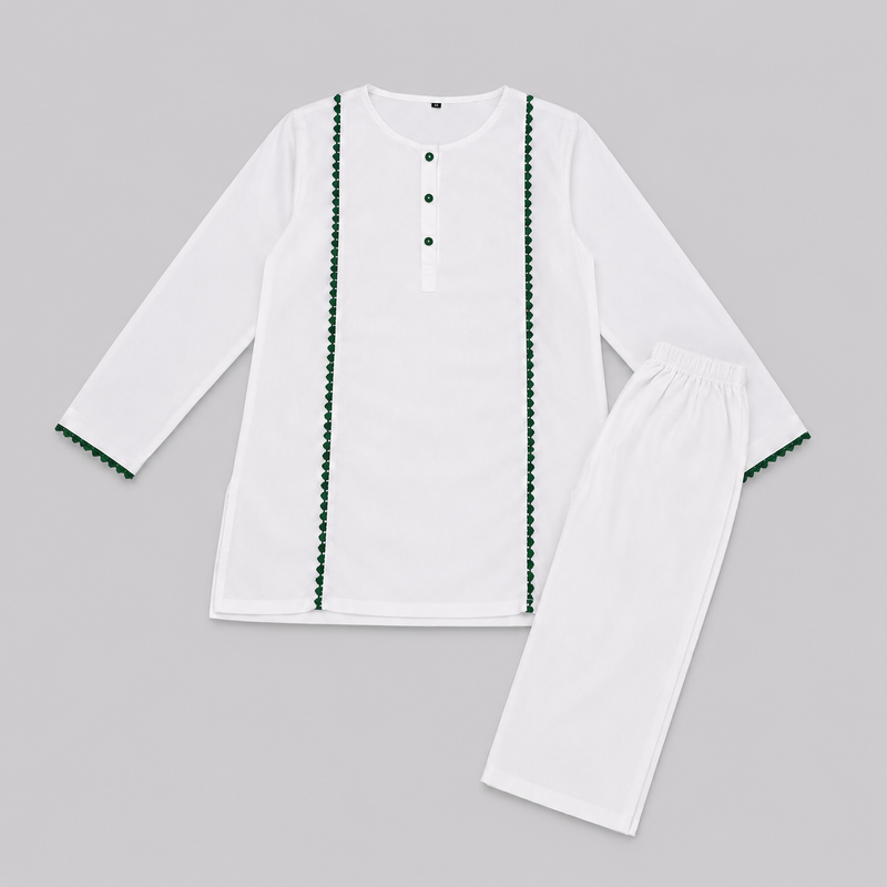 Girls White Cotton Kurta Trouser Set with Green Lace Trim – 2 Piece Eastern Wear for Kids