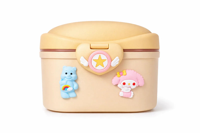 Beige kids storage box with pink star heart, cartoon bear, and animal decorations