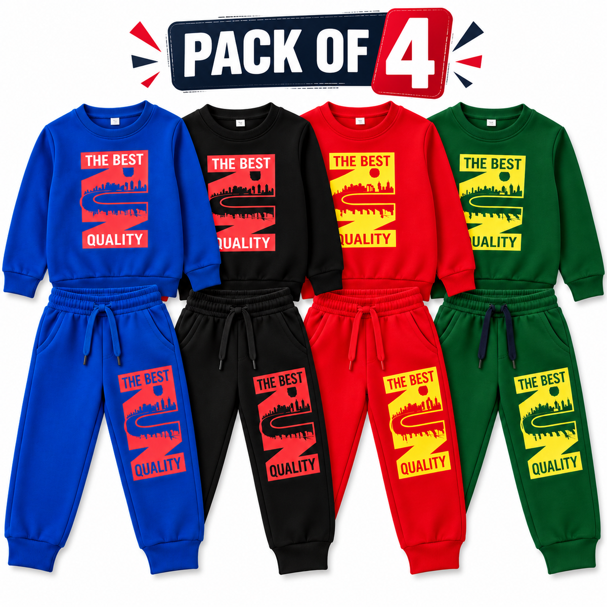 Kids Fleece Tracksuit Pack of 4 – Warm Printed Winter Sweatshirt & Trouser Set