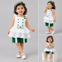 Girls White & Green Polka Dot Top with Shorts Set & Matching Headband