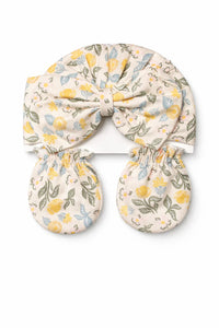 Floral baby headband and mittens set with yellow, blue, and green flower pattern