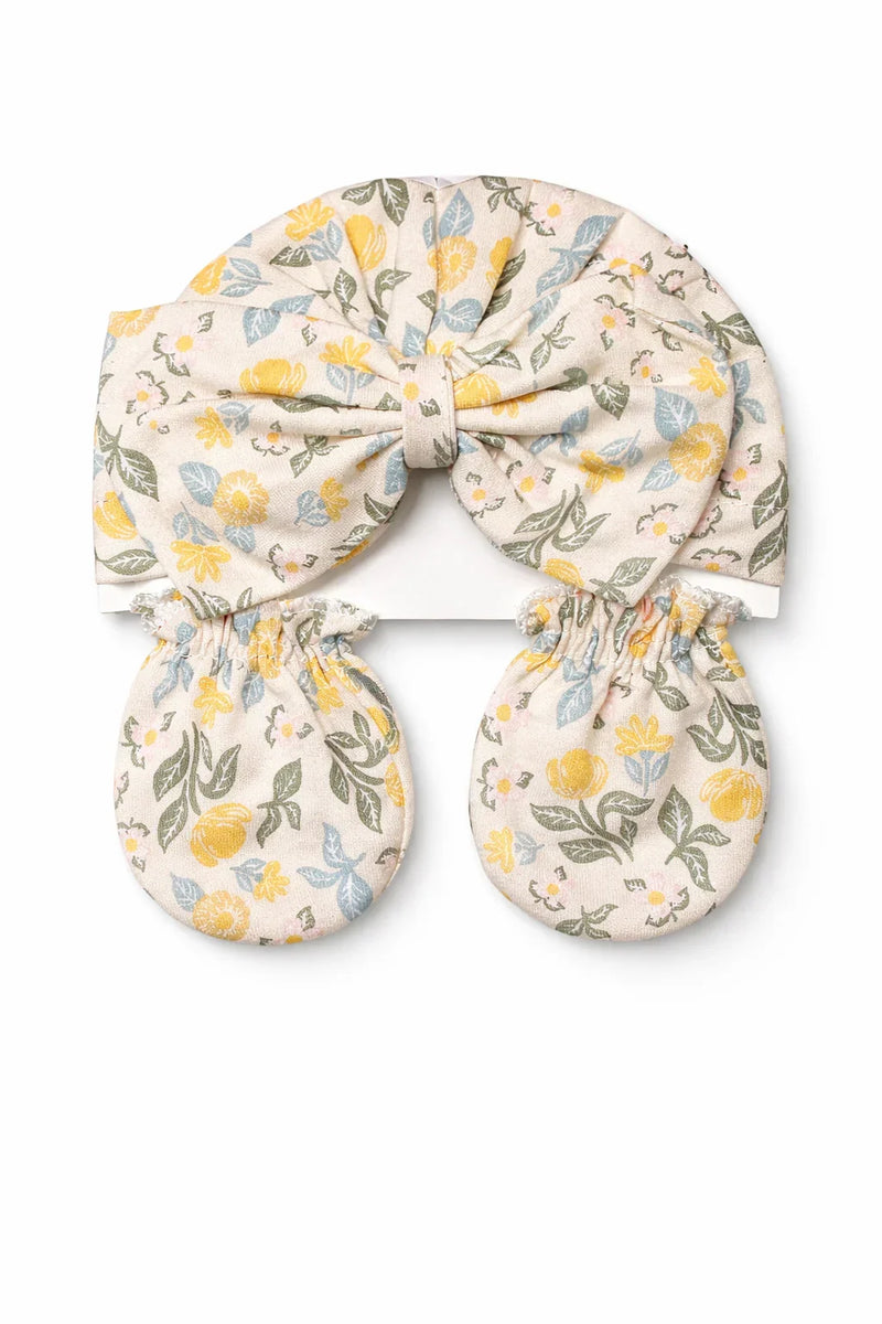 Floral baby headband and mittens set with yellow, blue, and green flower pattern