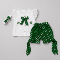 Girls Green Polka Dot Independence Day Outfit – White Ruffle Top & Pants Set with Matching Hairband