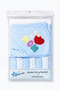 Blue hooded baby blanket with 'I love mom' embroidery and six polka dot washcloths in packaging