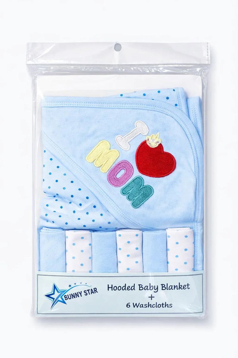 Blue hooded baby blanket with 'I love mom' embroidery and six polka dot washcloths in packaging