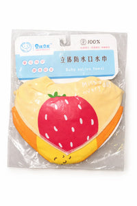 Packaged baby bib with strawberry print and yellow-orange trim, labeled as baby saliva towel.
