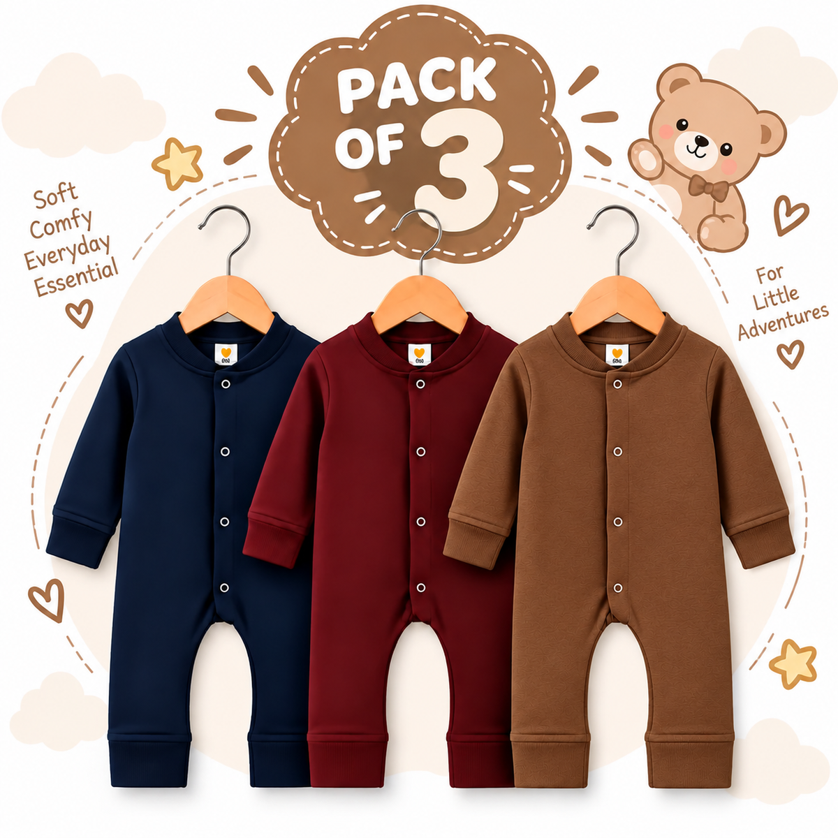 Baby Boys Winter Rompers Pack of 3 Full Sleeve Fleece Rompers