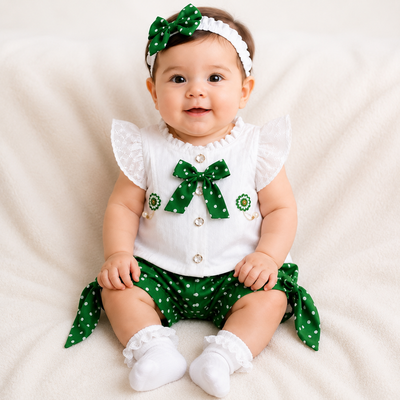 Girls Green Polka Dot Independence Day Outfit – White Ruffle Top & Pants Set with Matching Hairband