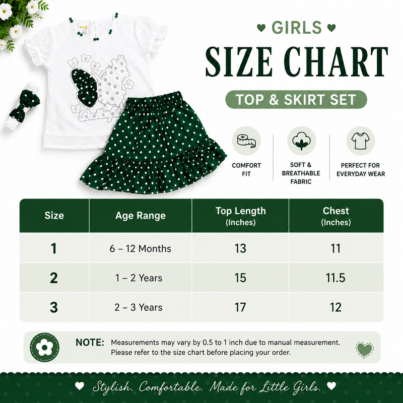 Girls White Butterfly Top & Green Polka Dot Skirt Set with Matching Headband 3Pcs