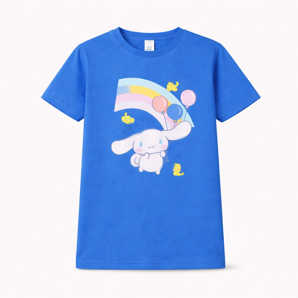 Girls blue rainbow bunny T-shirt by Little Minors featuring a cute cartoon bunny design, perfect for summer wear 1 to 14 years. - hover image