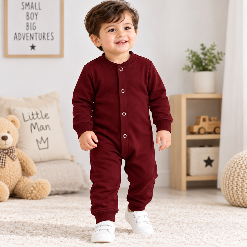 Baby Boys Winter Romper Maroon Full Sleeve Fleece Romper